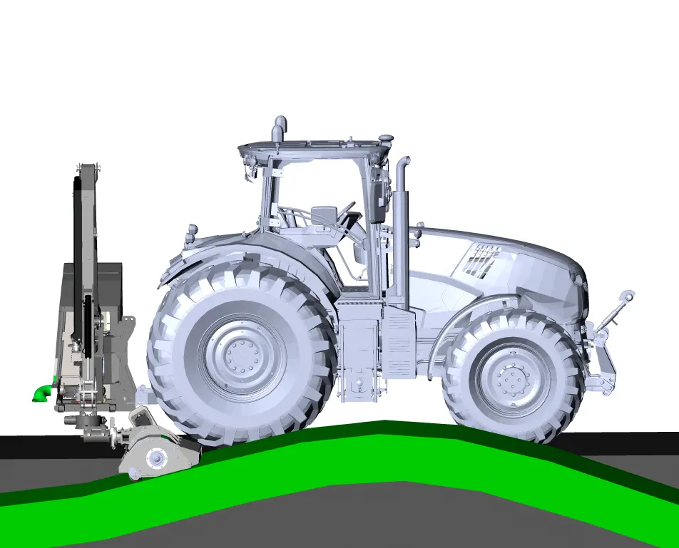 The boom mower floats above the surface